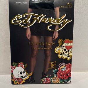 Ed Hardy (2) Pairs Sheer Second Skin Tights with reinforced Toes. Size: M/L